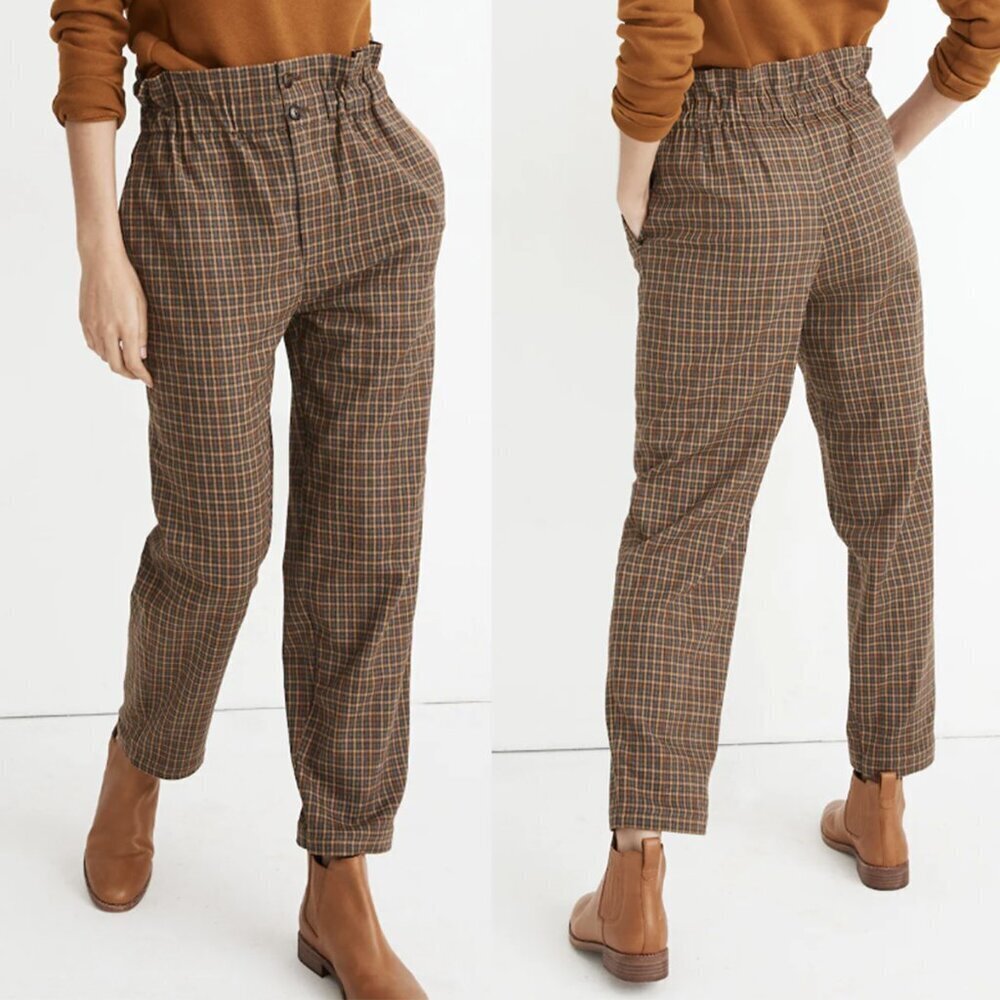 Madewell NWT Paperbag Tapered Relaxed Pants Trousers Houndstooth Brown Khaki, 6